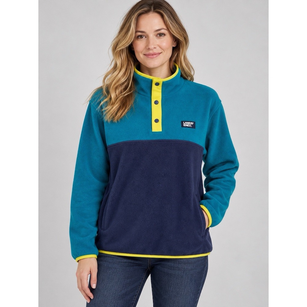 Lands' End Fleece Snap Pullover Women M Teal Navy Colorblock Yellow Trim Pockets